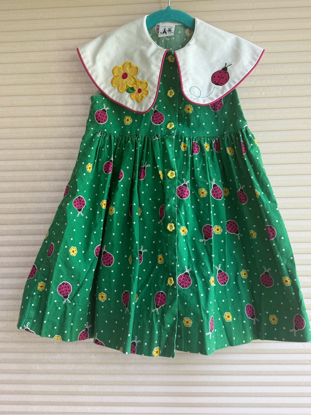 Vintage Austin & Ashley 100% Cotton Lady Bug Flower Polkadot Green Dress Size 5